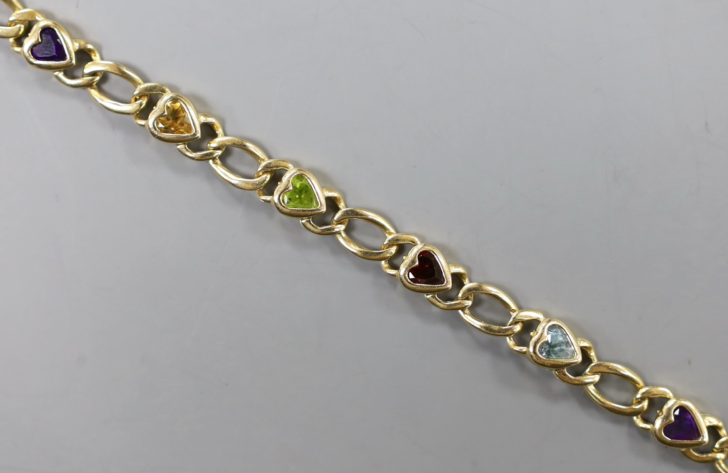 A modern Baith 14k and multi heart shaped gem set bracelet, 19cm